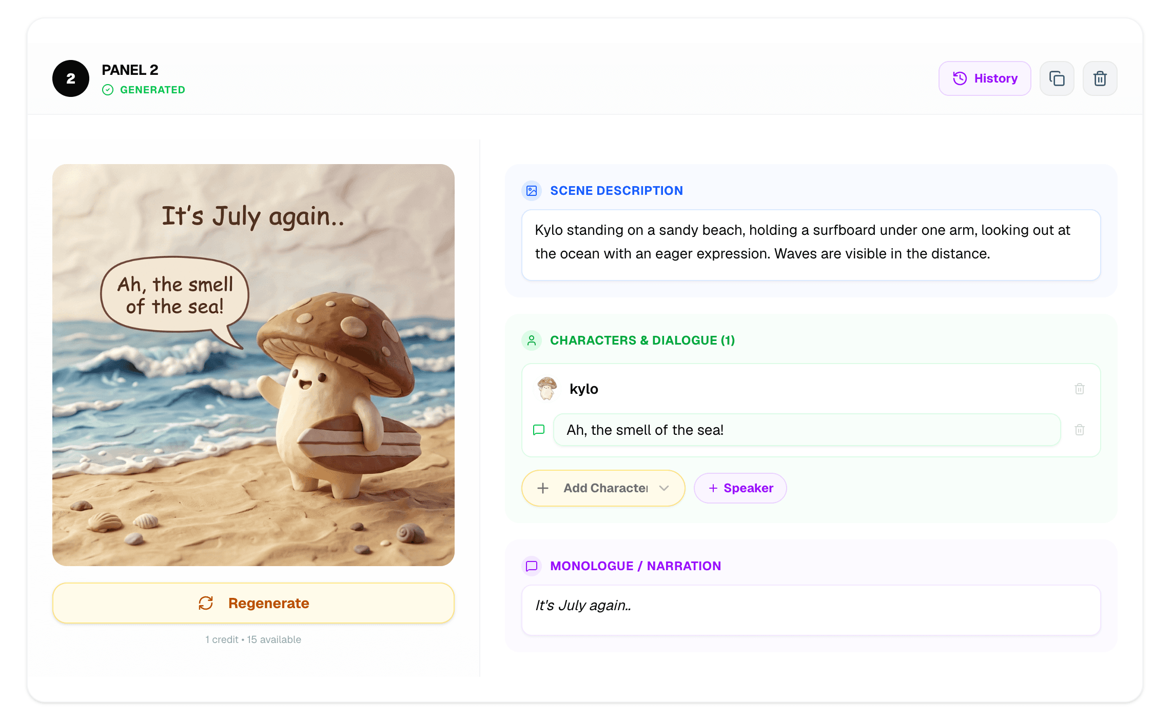 Storyboard editor with scene, monologue, and dialogue fields per panel