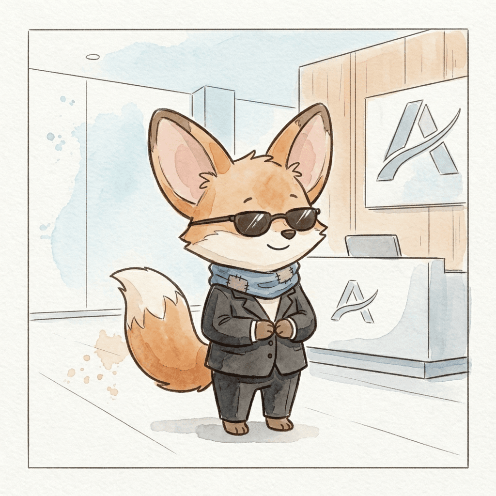 Professional character in a suit standing confidently in an office